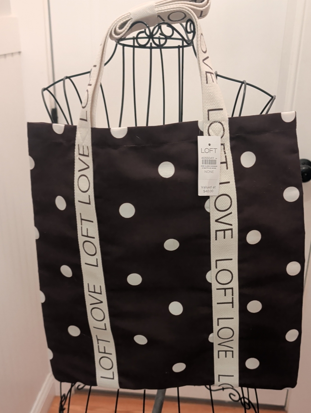 Nwt LOFT Polka Dot Canvas Tote with White Logo Straps